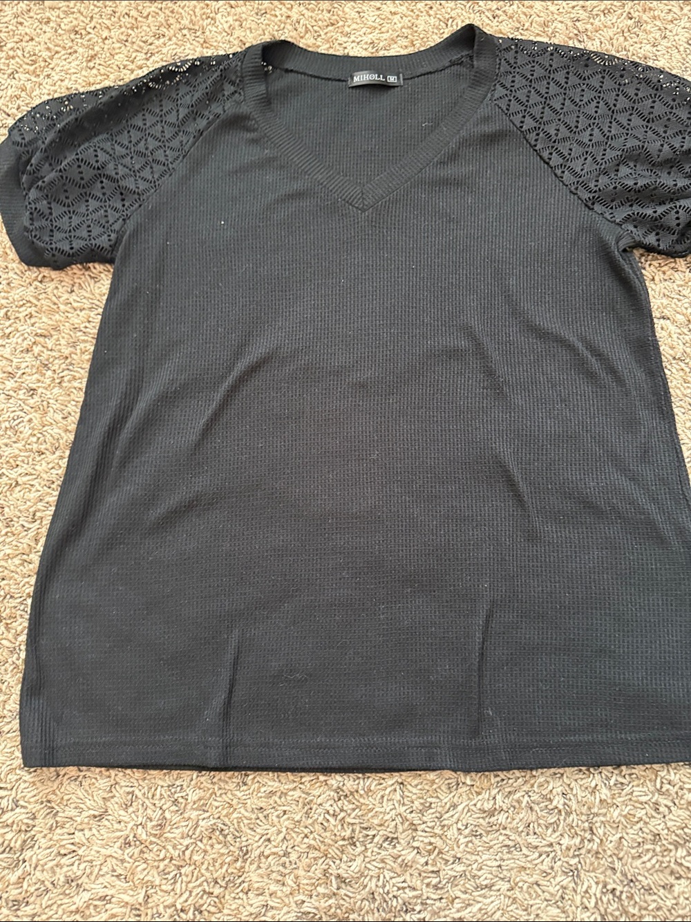 Micheal One Black V-Neck Short Sleeve Tee with Eyelet Lace Sleeves